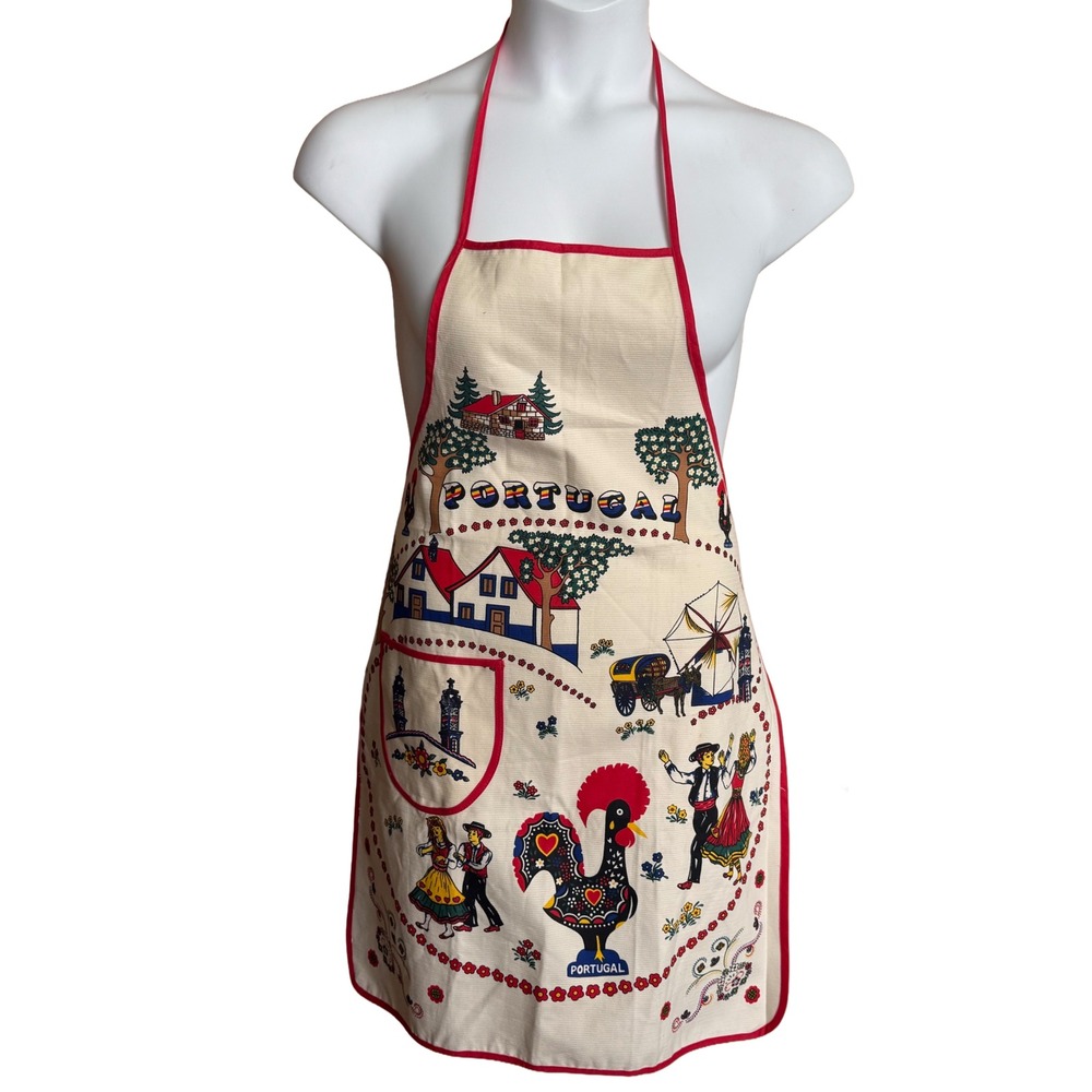 Vintage Portugal Souvenir Apron Rooster of Barcelos Folk Art Red Cream One Size